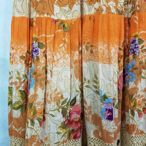 Forbidden Maxi Broom Skirt Womens L Floral Crochet Beads Tiered Orange Pink Boho - Picture 5 of 11